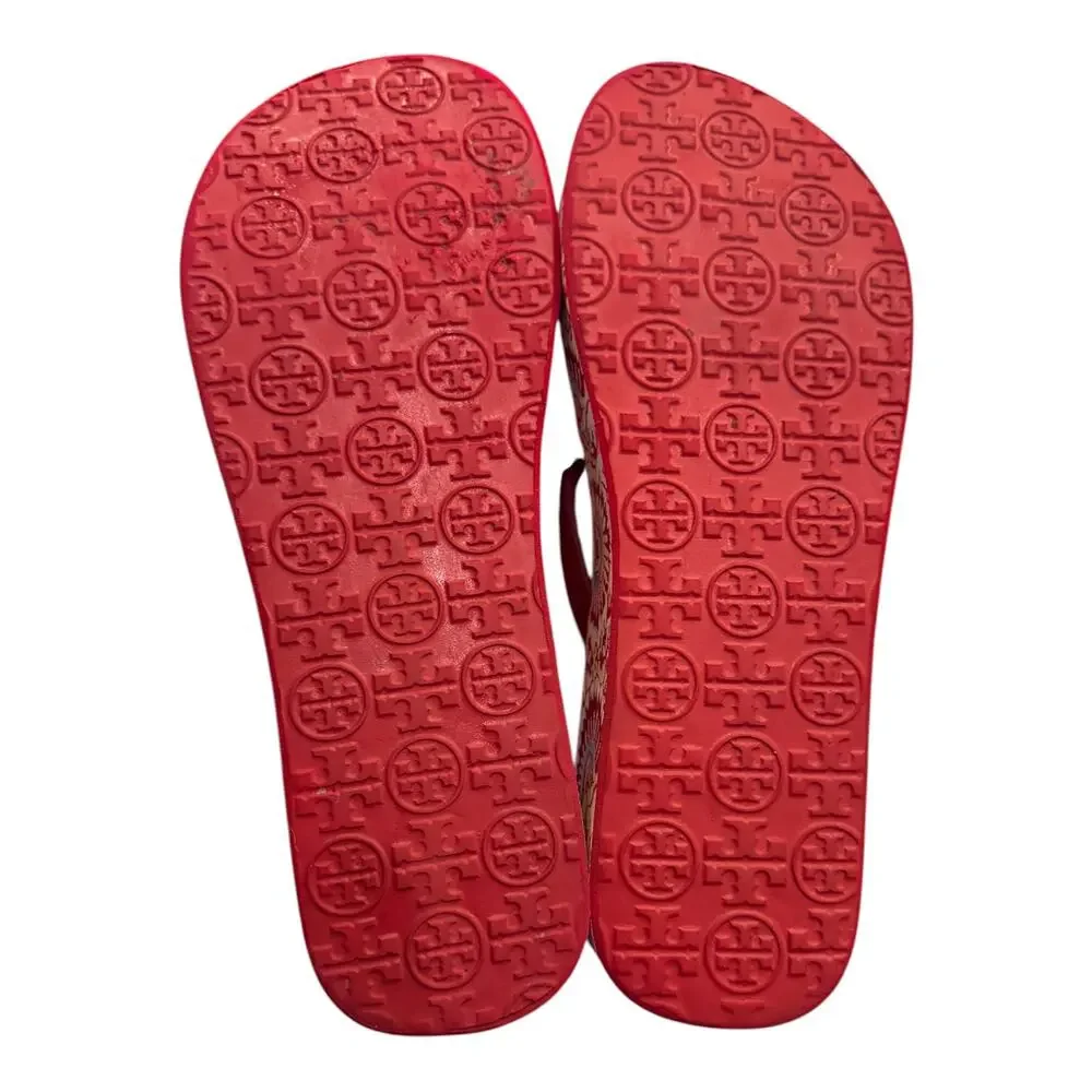 Tory Burch Thandie Printed Platform Wedge Flip Flops Red Women’s 7